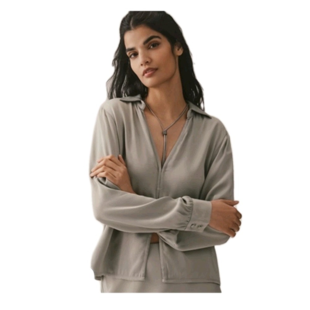 Anthropologie‎ NEW XL Women's Collared 3  Hook Front Long Sleeve Designer Blouse